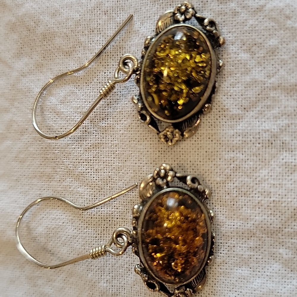 Green Amber Silver Sterling Dangle Earrings - Picture 3 of 3